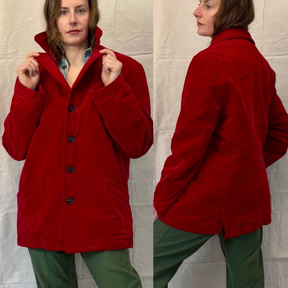 Vintage 80s Bright Red Velveteen Men’s Heavy Overcoat by Nicole Farhi size L/XL